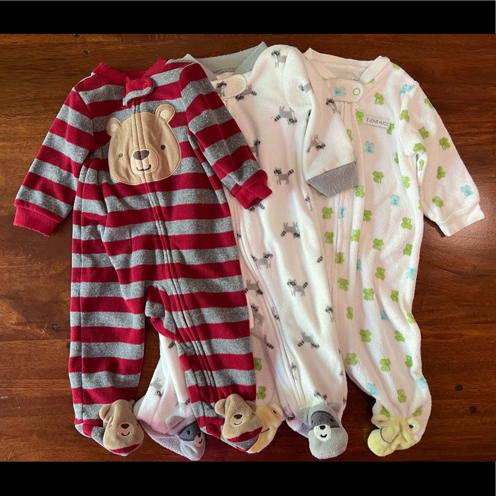 Three fuzzy sleeper suits, size 0-3 months